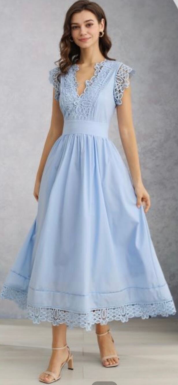 V-Neck Lace Panelled Sleeveless Maxi Dress Baby Blue Cottagecore Feminine